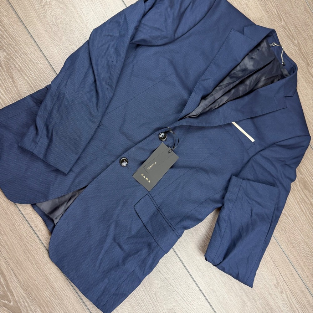 Zara Mens Blazer Essential AW18 Textured Two Button Sport Coat Blue 38